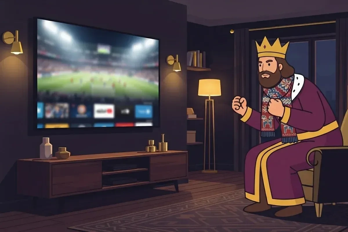 Kungen i läktarstämning framför en tv som visar livesport – IPTV KING